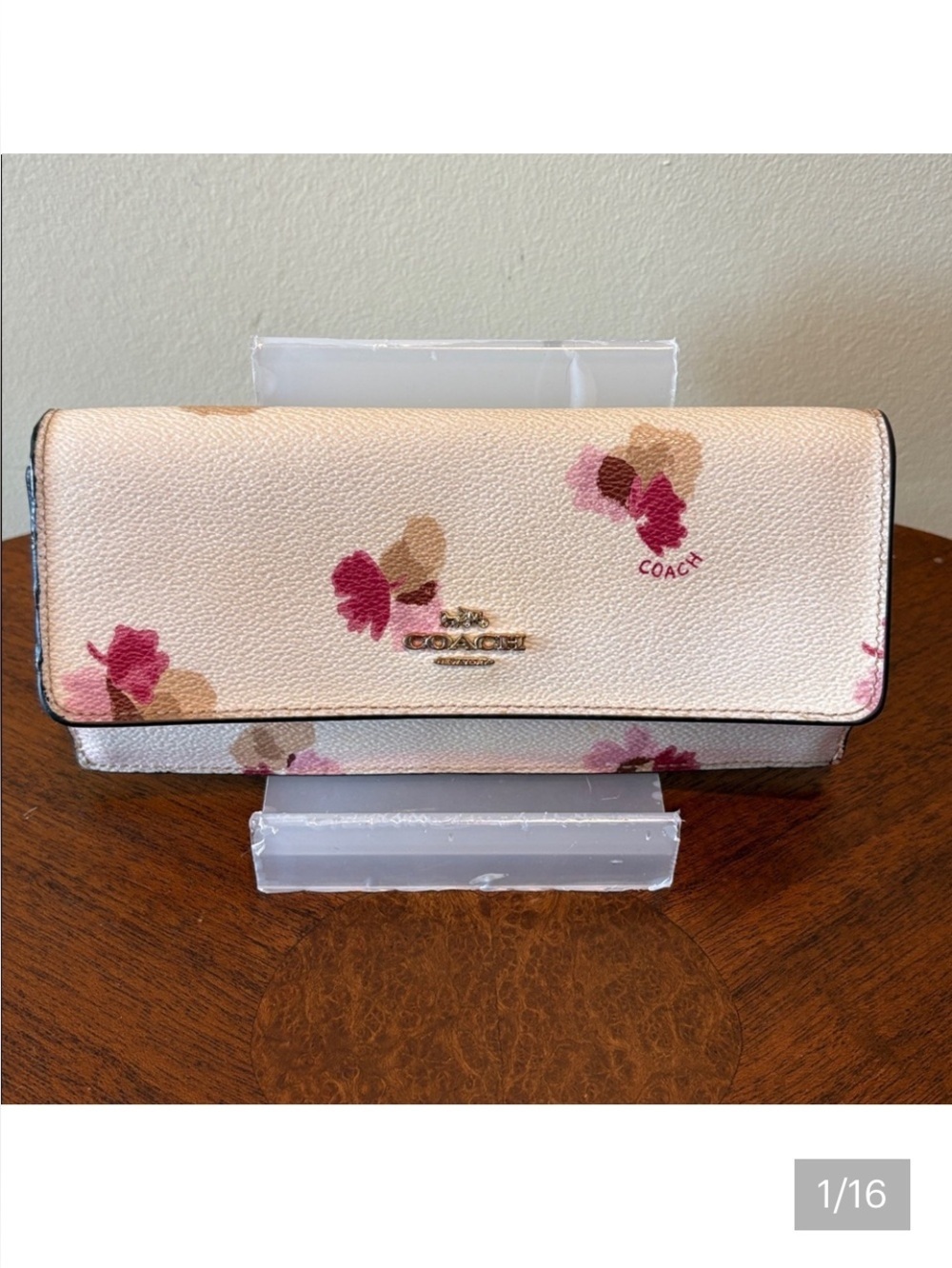 COACH Floral Continental Wallet long wallet coated canvas Pink Tan Cream goldton